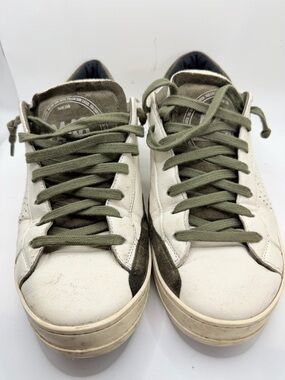 P448 White Leather Sneakers with Olive Green Details